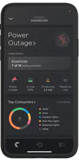 Smartphone displaying energy dashboard with power outage status